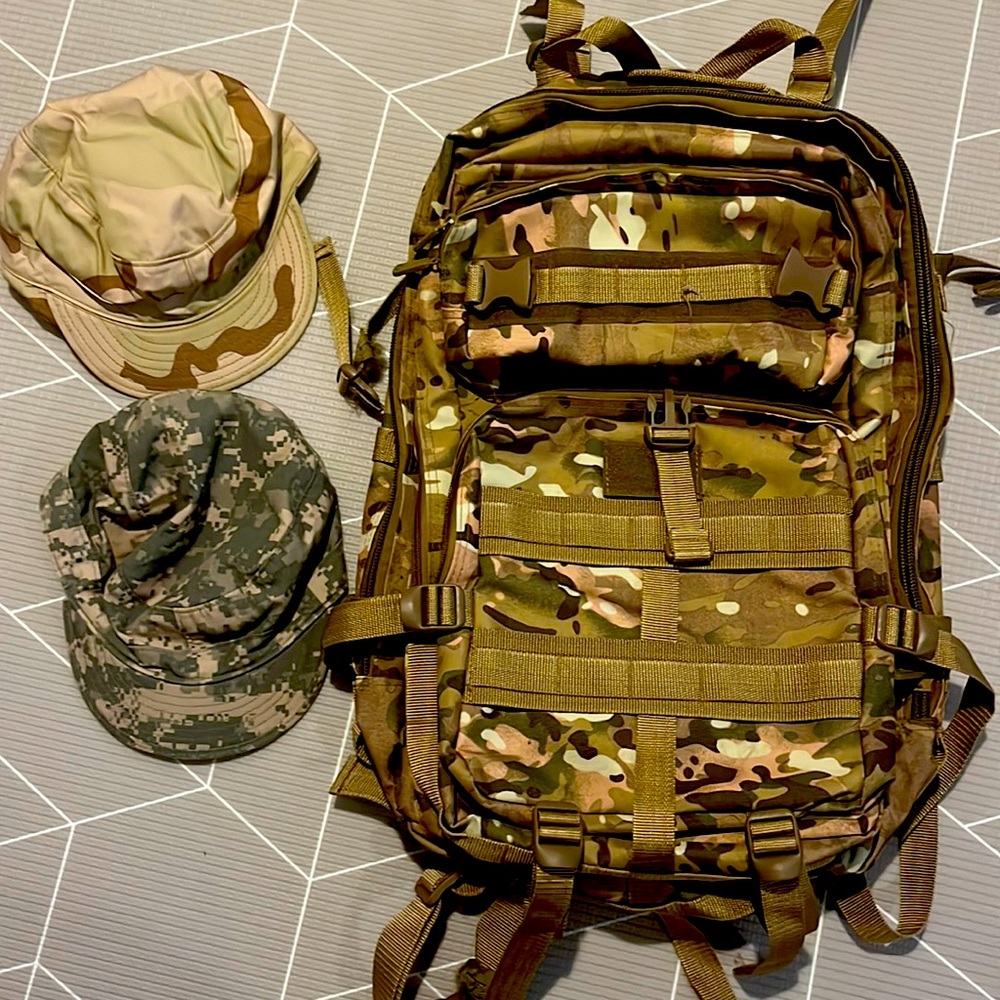 EastWest military tactical backpack and hats. Desert Camo